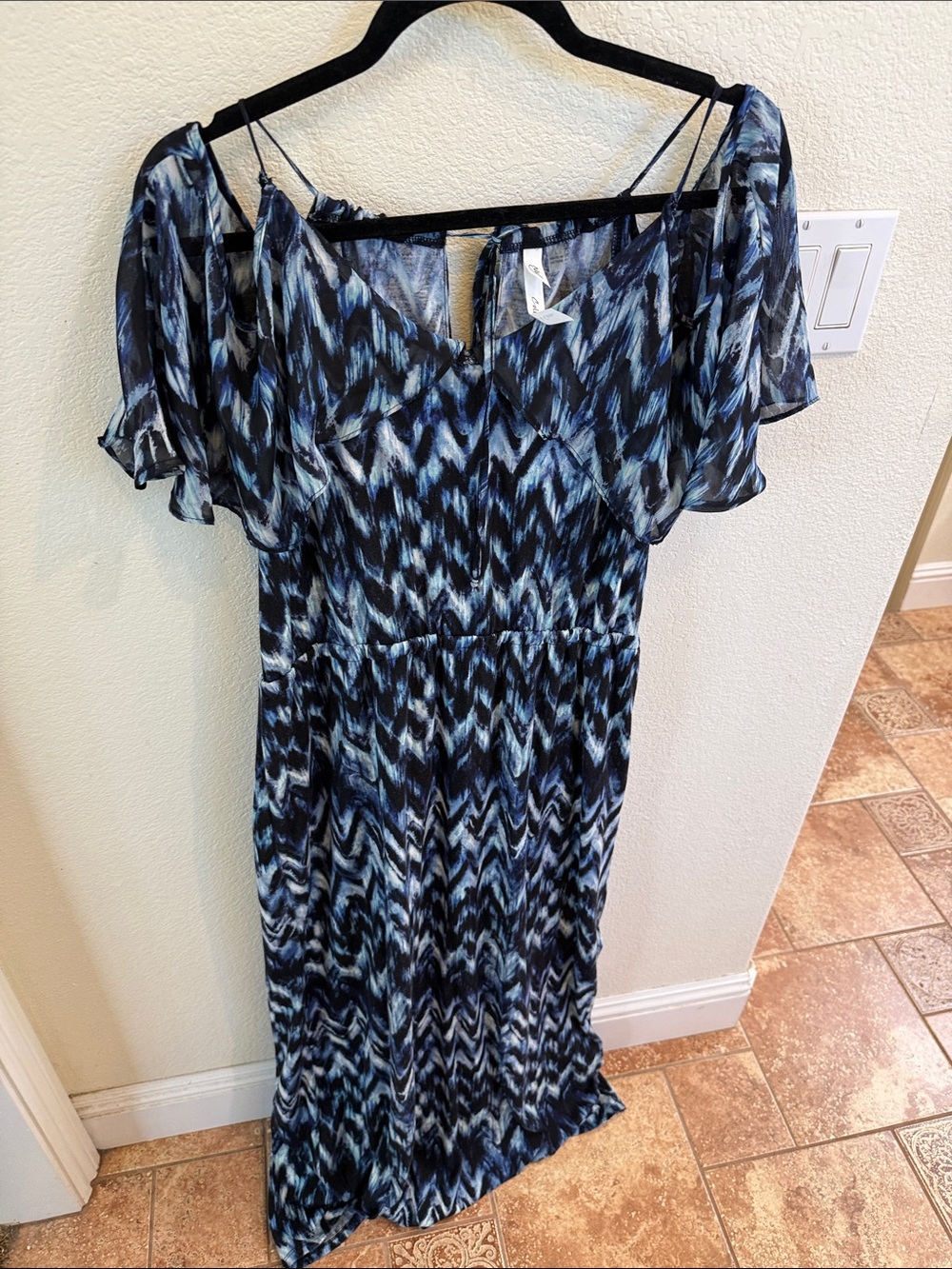 NY Collection Blue Multi-Pattern Cold Shoulder Maxi Dress